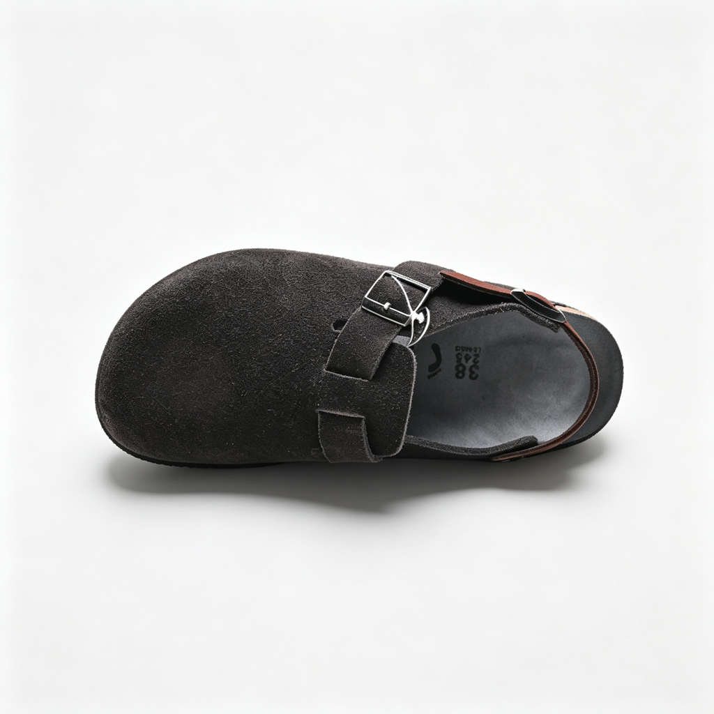 Birkenstock Boston Suede Clogs | Anthracite Grey + Brown Leather Strap + Textured Grip Sole, Unisex Retro Slip-On Shoes, Premium Comfort & Urban Style