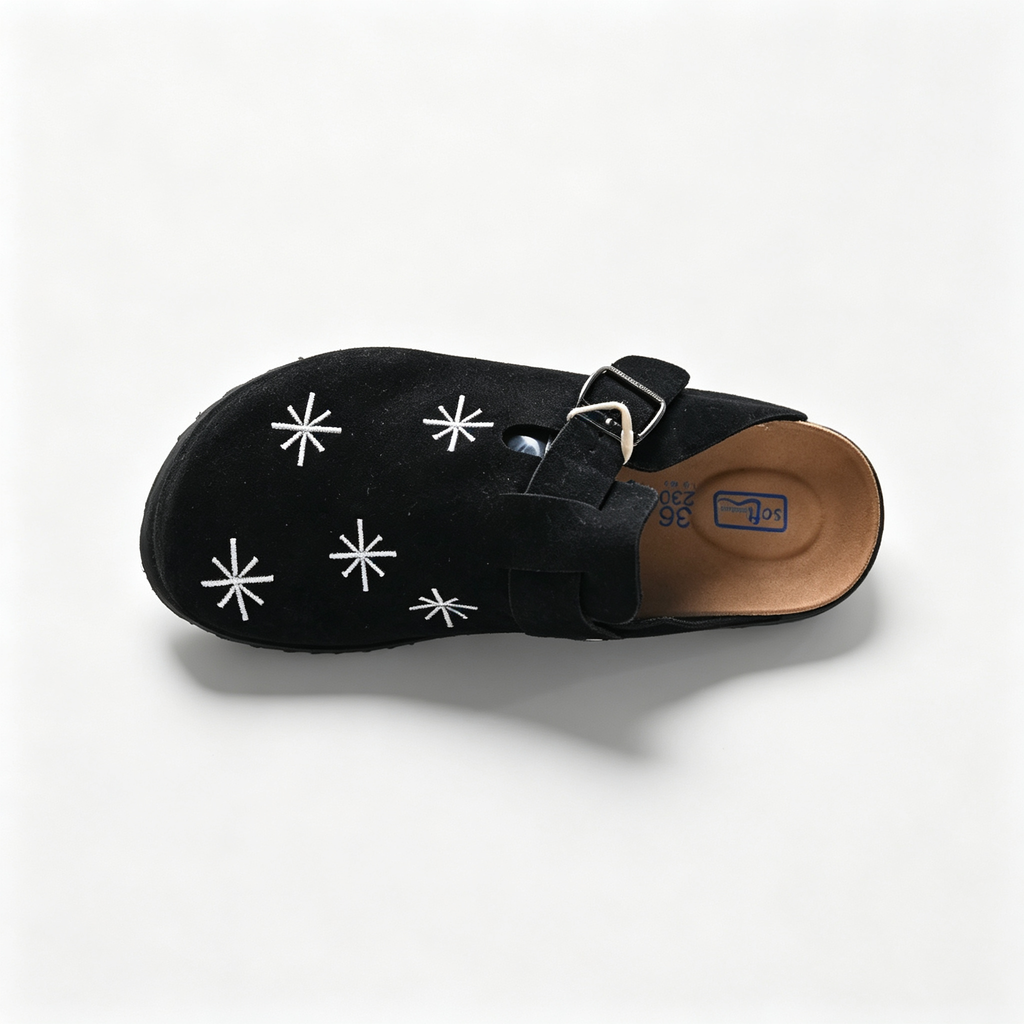 Birkenstock Boston Platform | Black Suede + White Starburst Embroidery + Chunky Sole, Unisex Trendy Clogs, Gothic & Streetwear Style Slip-Ons