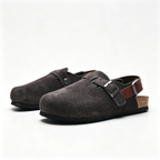 Birkenstock Boston Suede Clogs | Anthracite Grey + Brown Leather Strap + Textured Grip Sole, Unisex Retro Slip-On Shoes, Premium Comfort & Urban Style